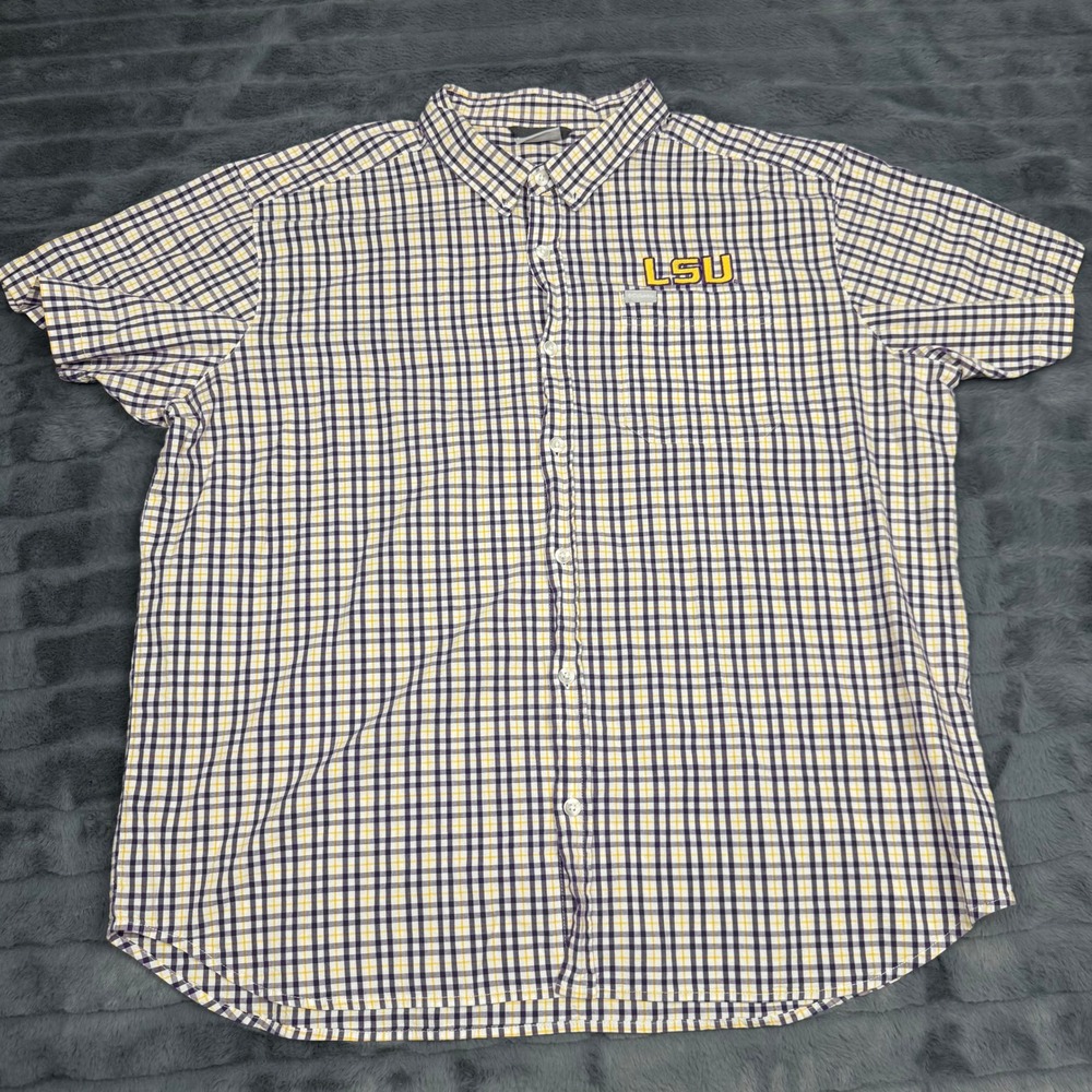 Columbia LSU Tigers Mens XXL Purple Gold Plaid Short Sleeve Button Down XM8983